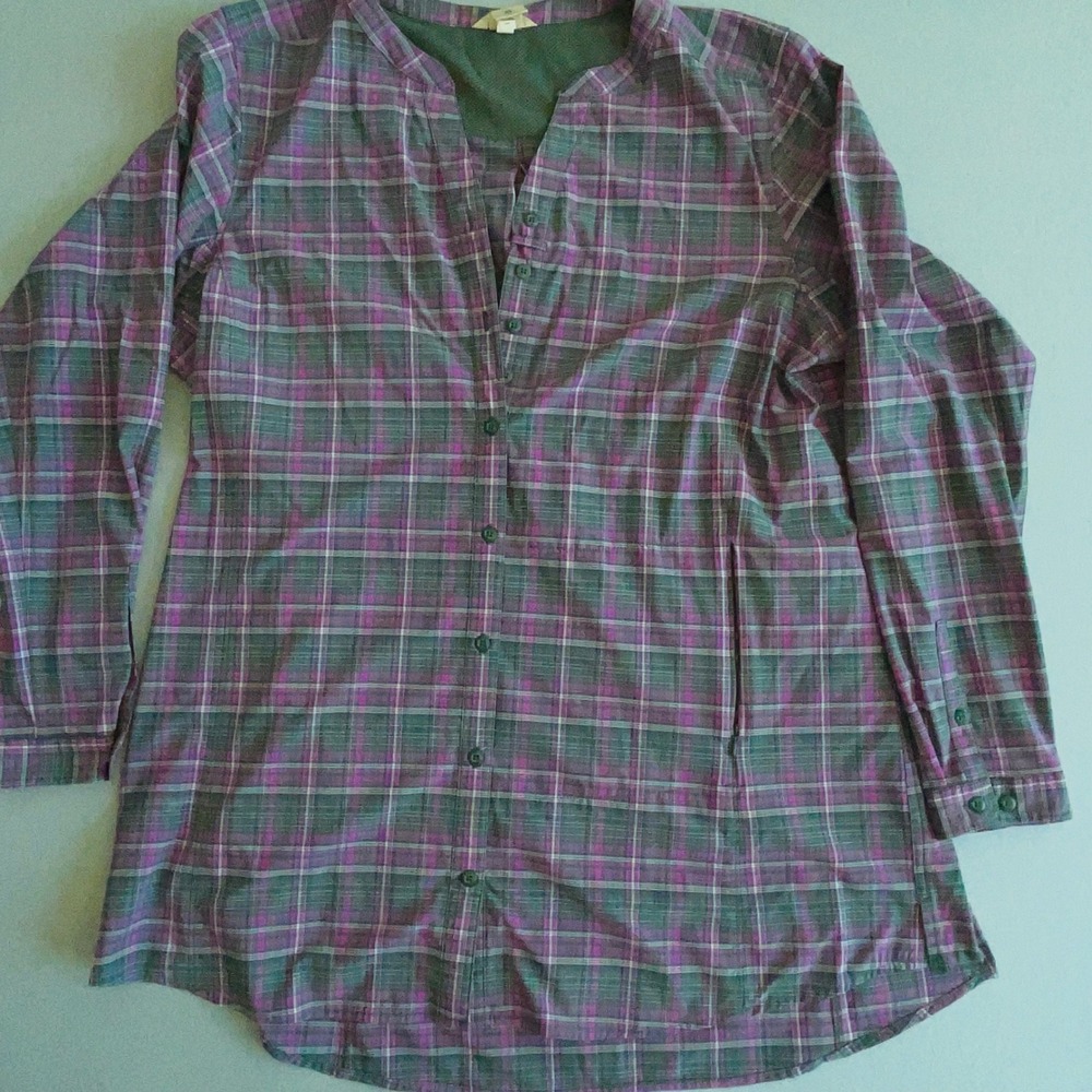 Duluth Trading Co Armachillo Plaid Tunic Shirt XL Purple Green Long Sleeve Vent